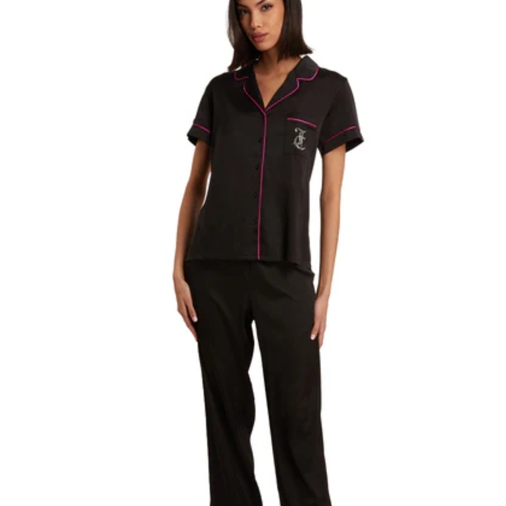 Juicy Couture Black and Pink Trim Satin Pajamas in Medium